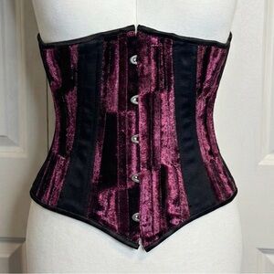 24" Wine Red Velvet & Black Steel Boned Underbust Corset Story Corset